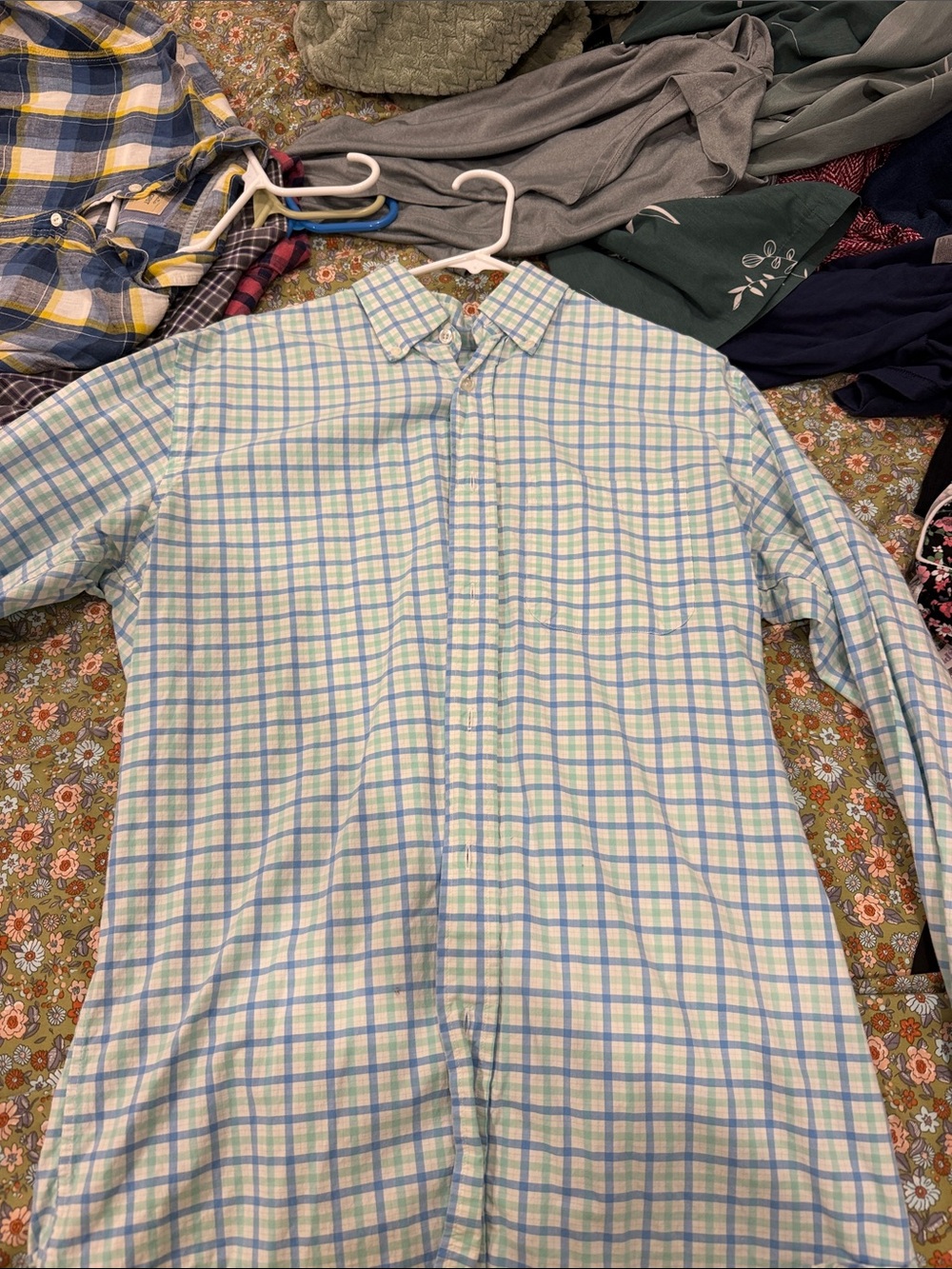 Men's Long-Sleeve Plaid Dress Shirt in Light Blue & Green